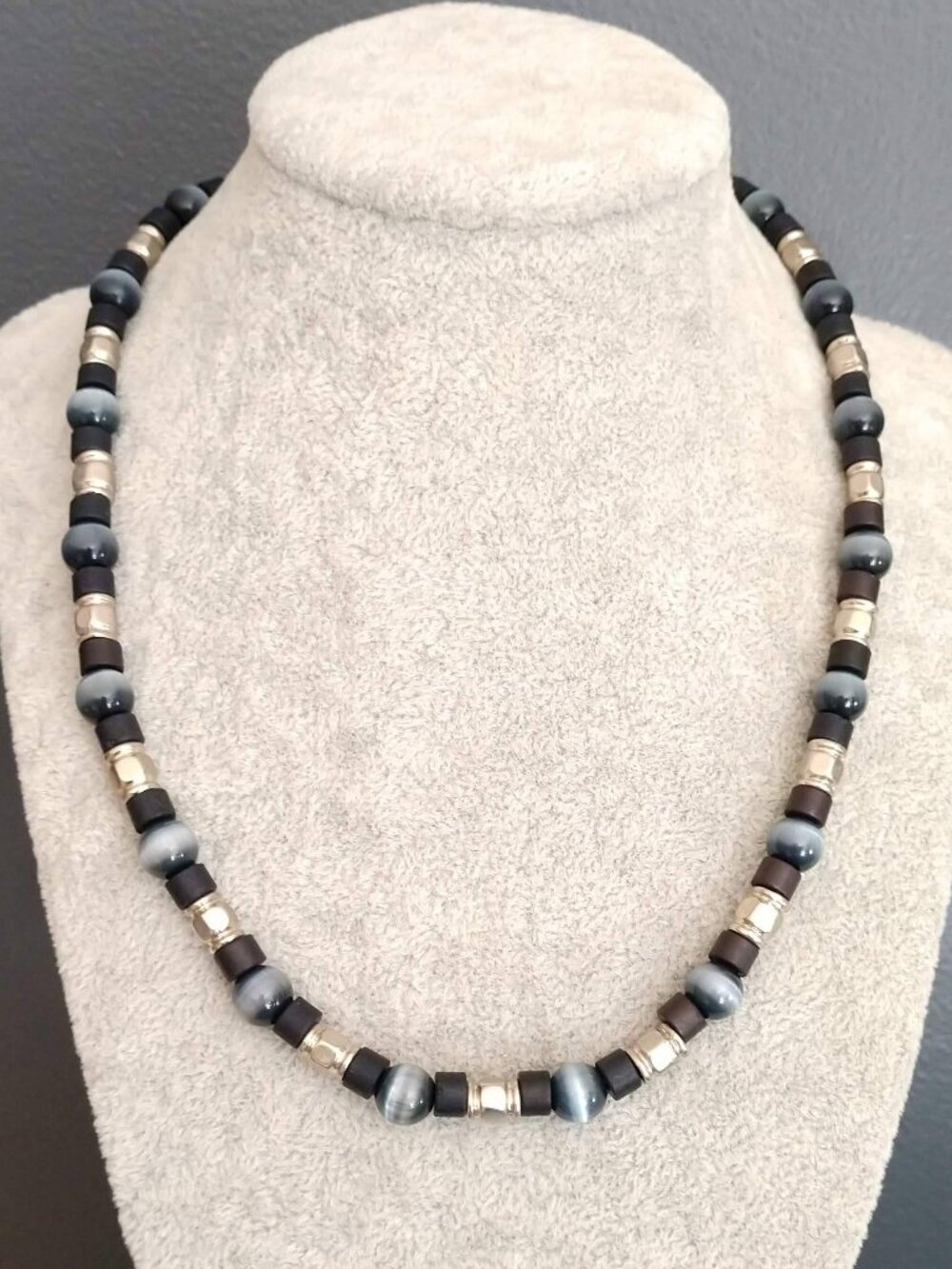 Black, silver and blue beaded necklace